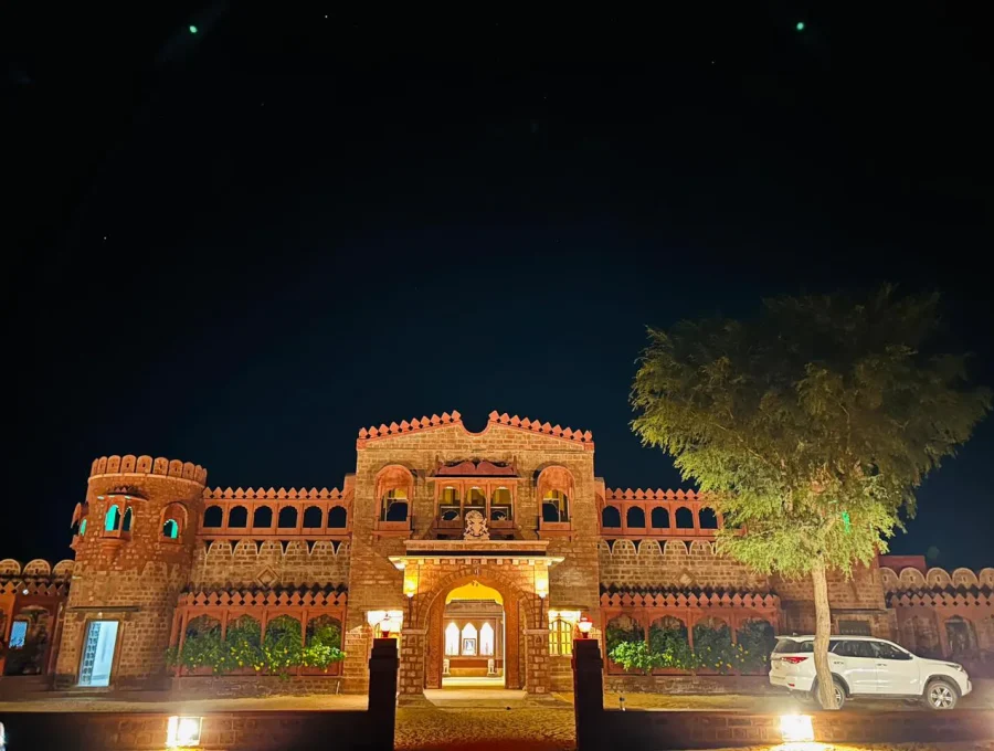 Desert Safari Osian illuminated base camp entrance and parking on Jodhpur Road, Osian