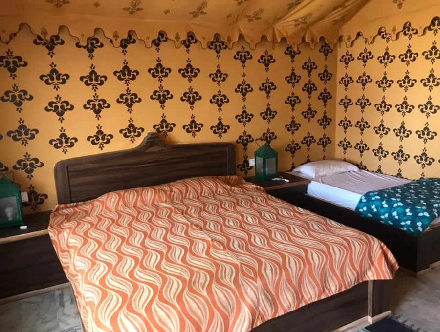 Resort bedroom interior with authentic ethnic decor and lighting in Osian
