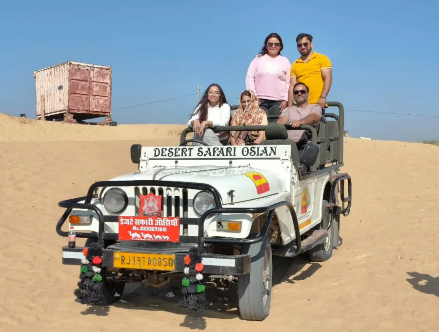 Desert Safari Osian 4x4 open safari jeep on golden sand dunes