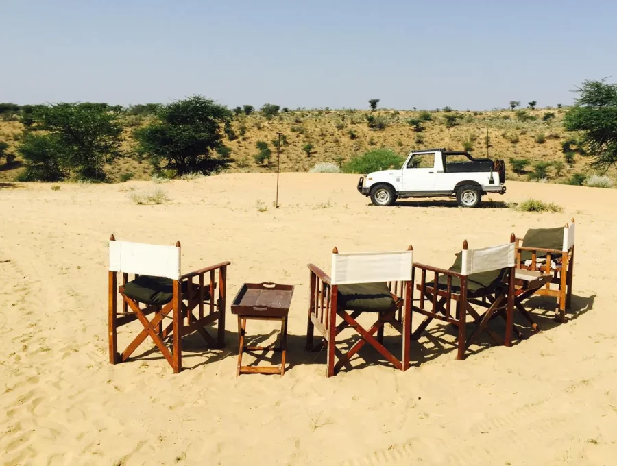 Traditional desert high tea and hot masala chai setup on golden sand dunes in Osian