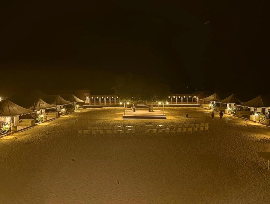 Overnight desert camp tents and seating under the evening sky in Osian, Rajasthan