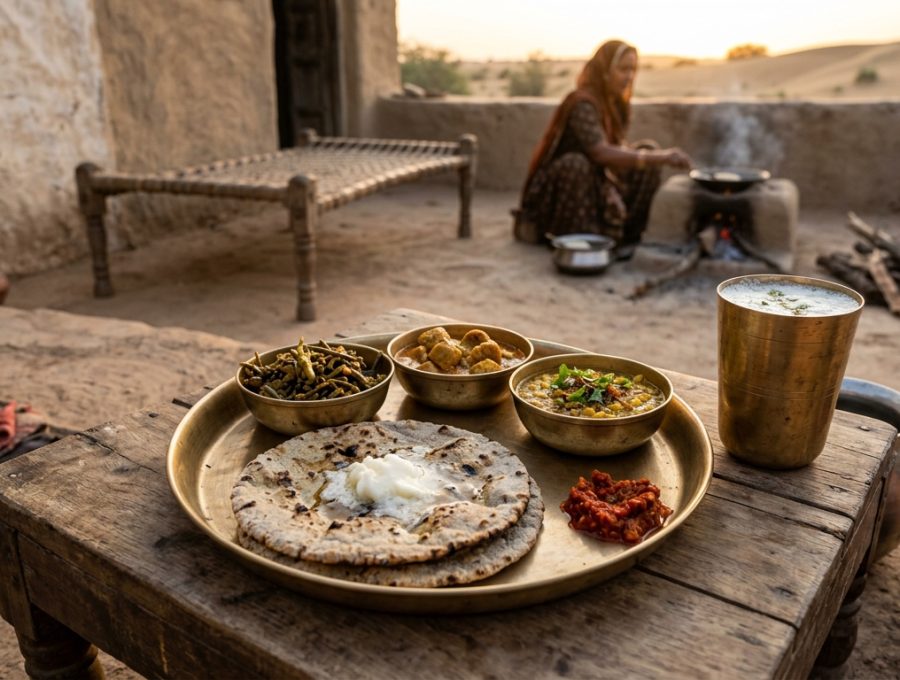 Homecooked traditional Rajasthani village meal with bajra roti and ker sangri in Osian